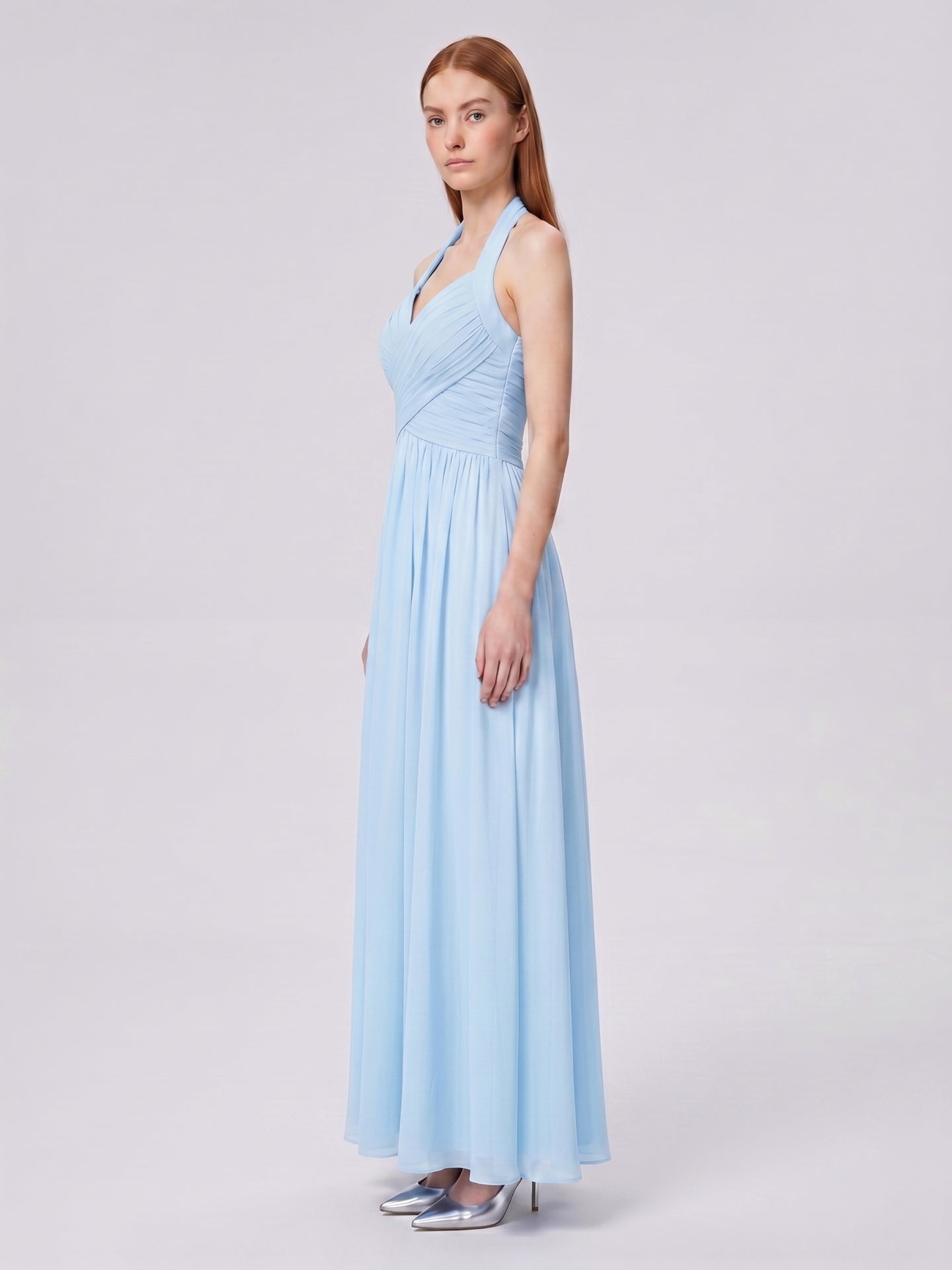 Sky Blue Chiffon A-Line Halter Back Zip Floor-Length Bridesmaid Dress with Pleats