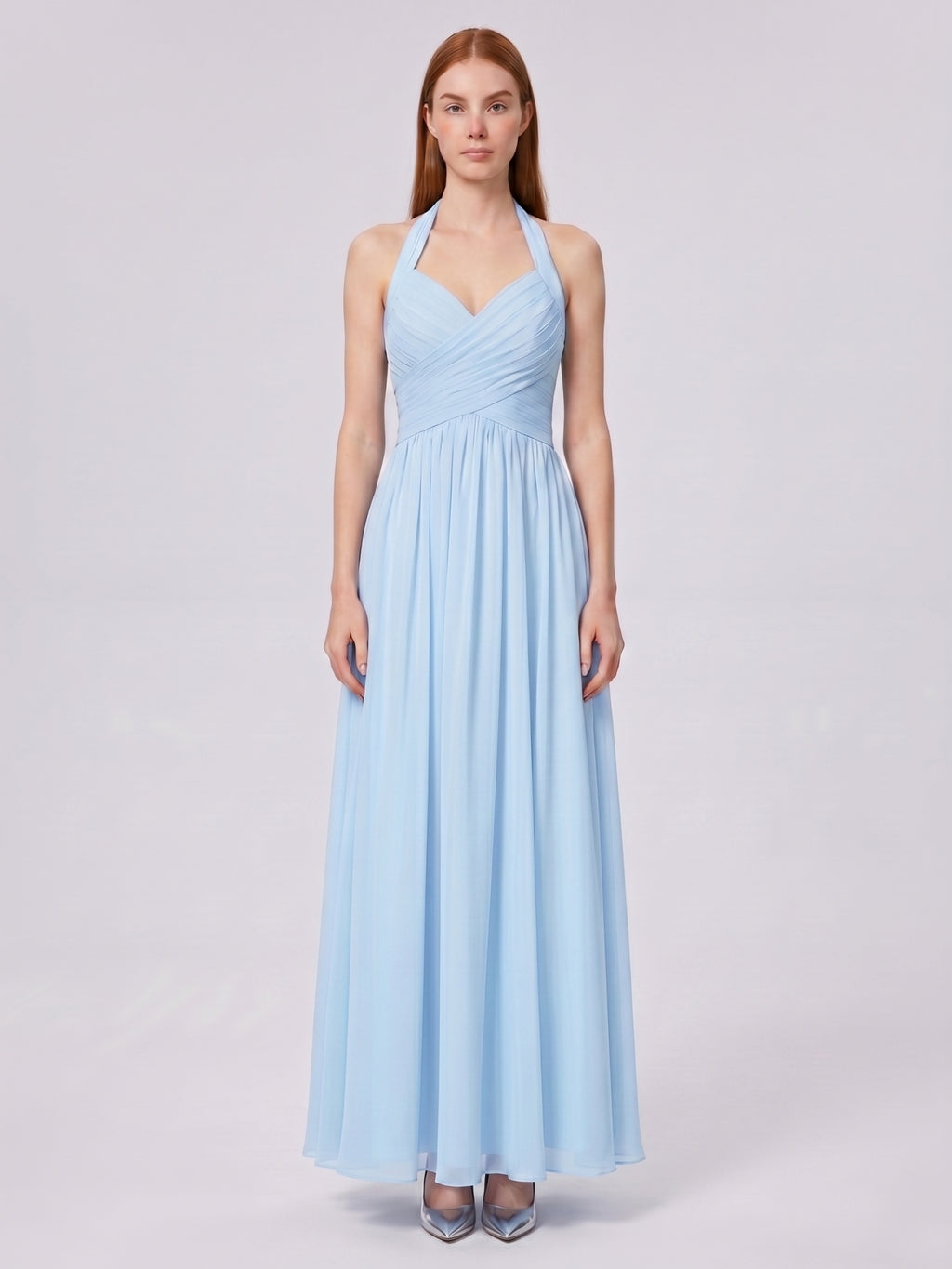 Sky Blue Chiffon A-Line Halter Back Zip Floor-Length Bridesmaid Dress with Pleats