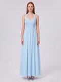Sky Blue Chiffon A-Line Halter Back Zip Floor-Length Bridesmaid Dress with Pleats