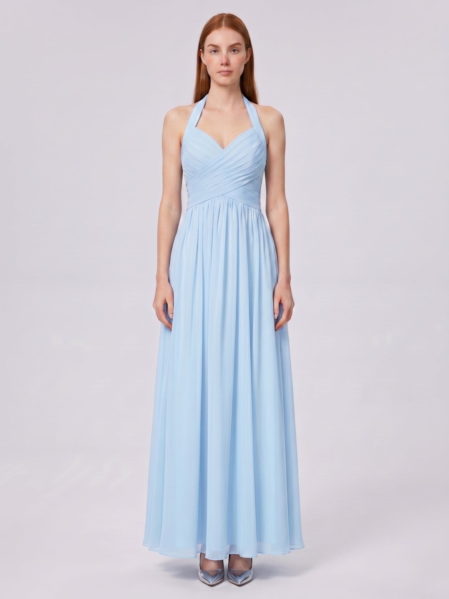 Sky Blue Chiffon A-Line Halter Back Zip Floor-Length Bridesmaid Dress with Pleats