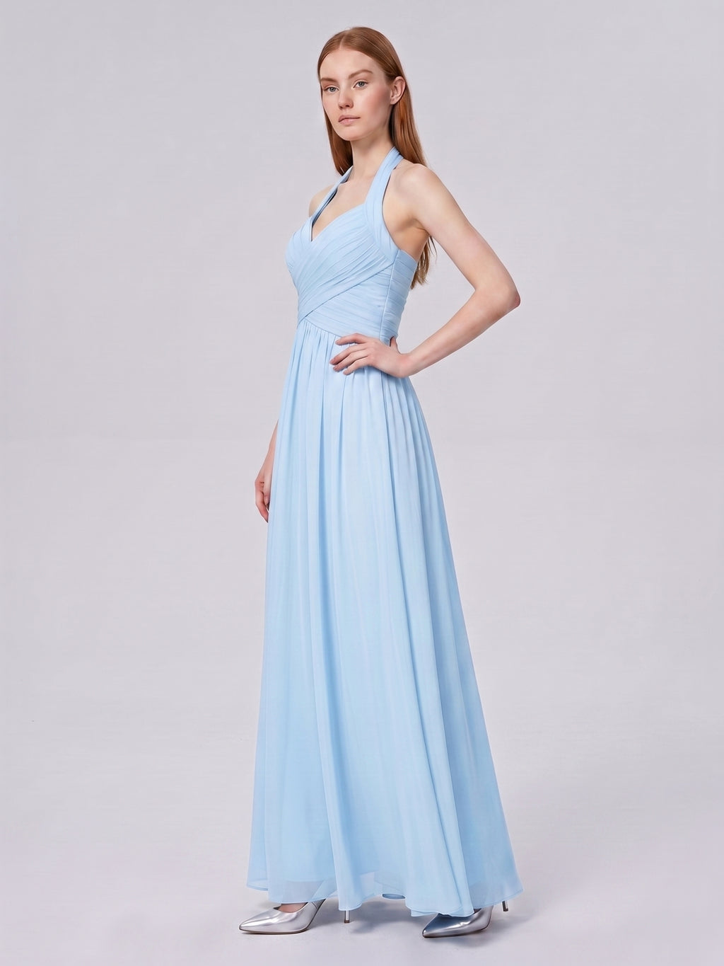 Sky Blue Chiffon A-Line Halter Back Zip Floor-Length Bridesmaid Dress with Pleats