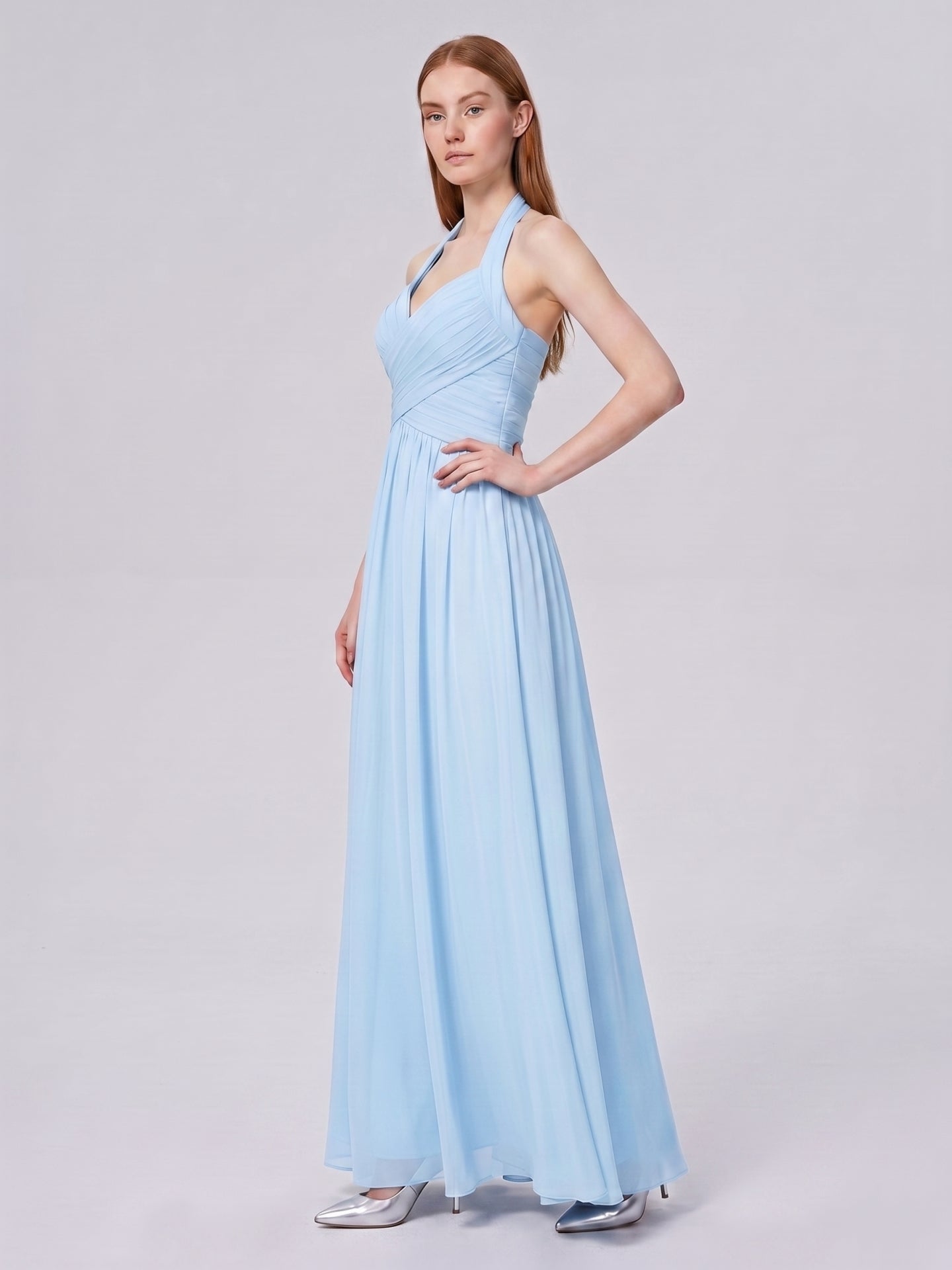 Sky Blue Chiffon A-Line Halter Back Zip Floor-Length Bridesmaid Dress with Pleats