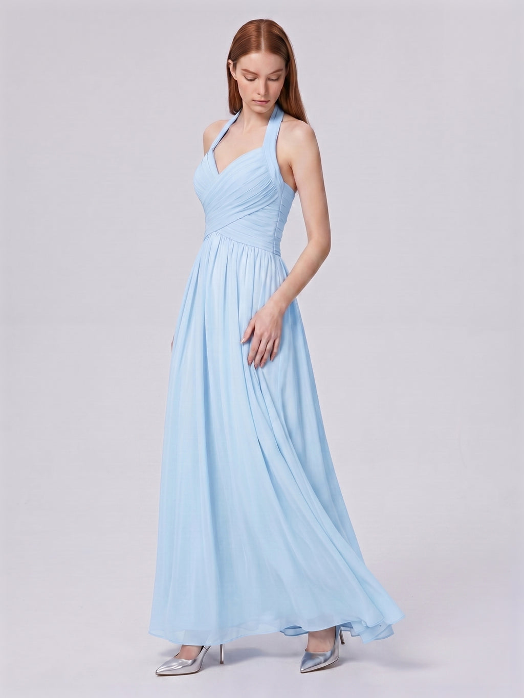Sky Blue Chiffon A-Line Halter Back Zip Floor-Length Bridesmaid Dress with Pleats