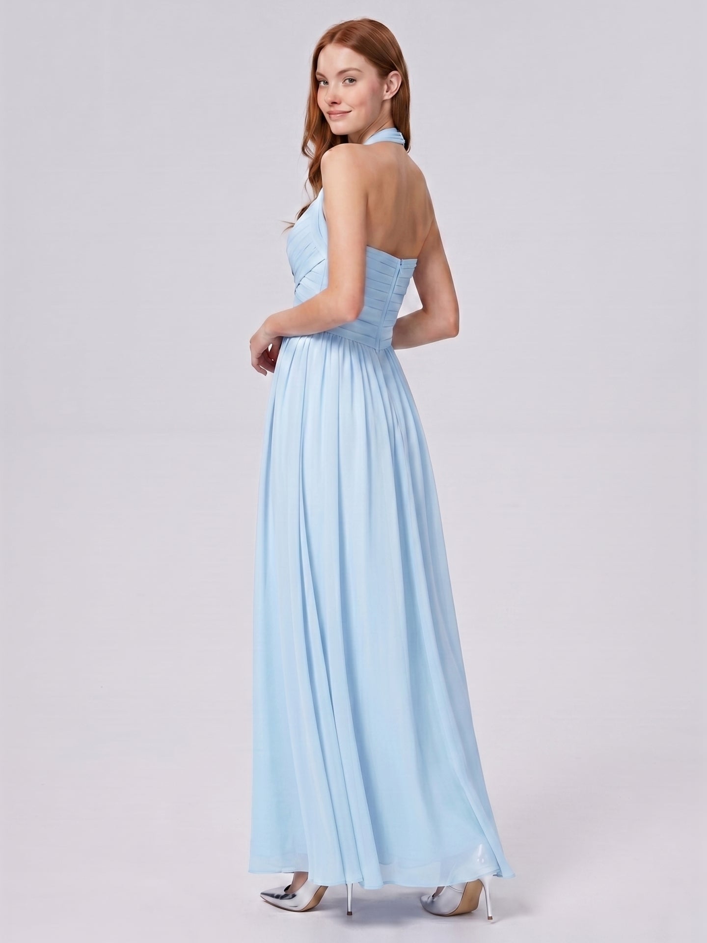 Sky Blue Chiffon A-Line Halter Back Zip Floor-Length Bridesmaid Dress with Pleats