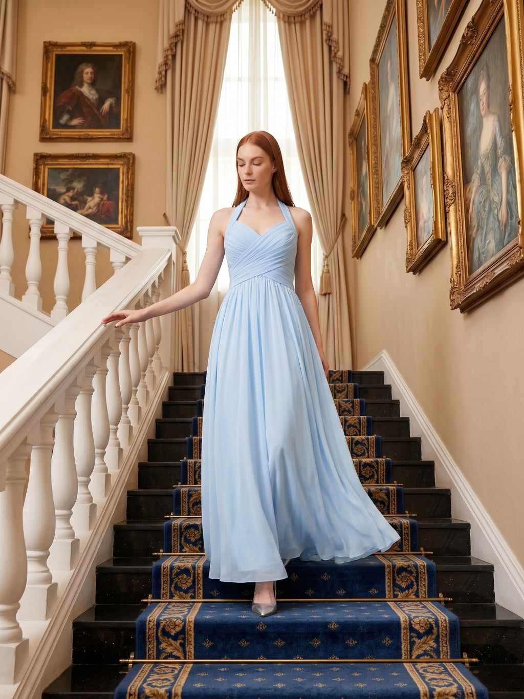 Sky Blue Chiffon A-Line Halter Back Zip Floor-Length Bridesmaid Dress with Pleats