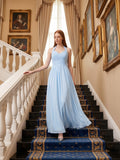 Sky Blue Chiffon A-Line Halter Back Zip Floor-Length Bridesmaid Dress with Pleats