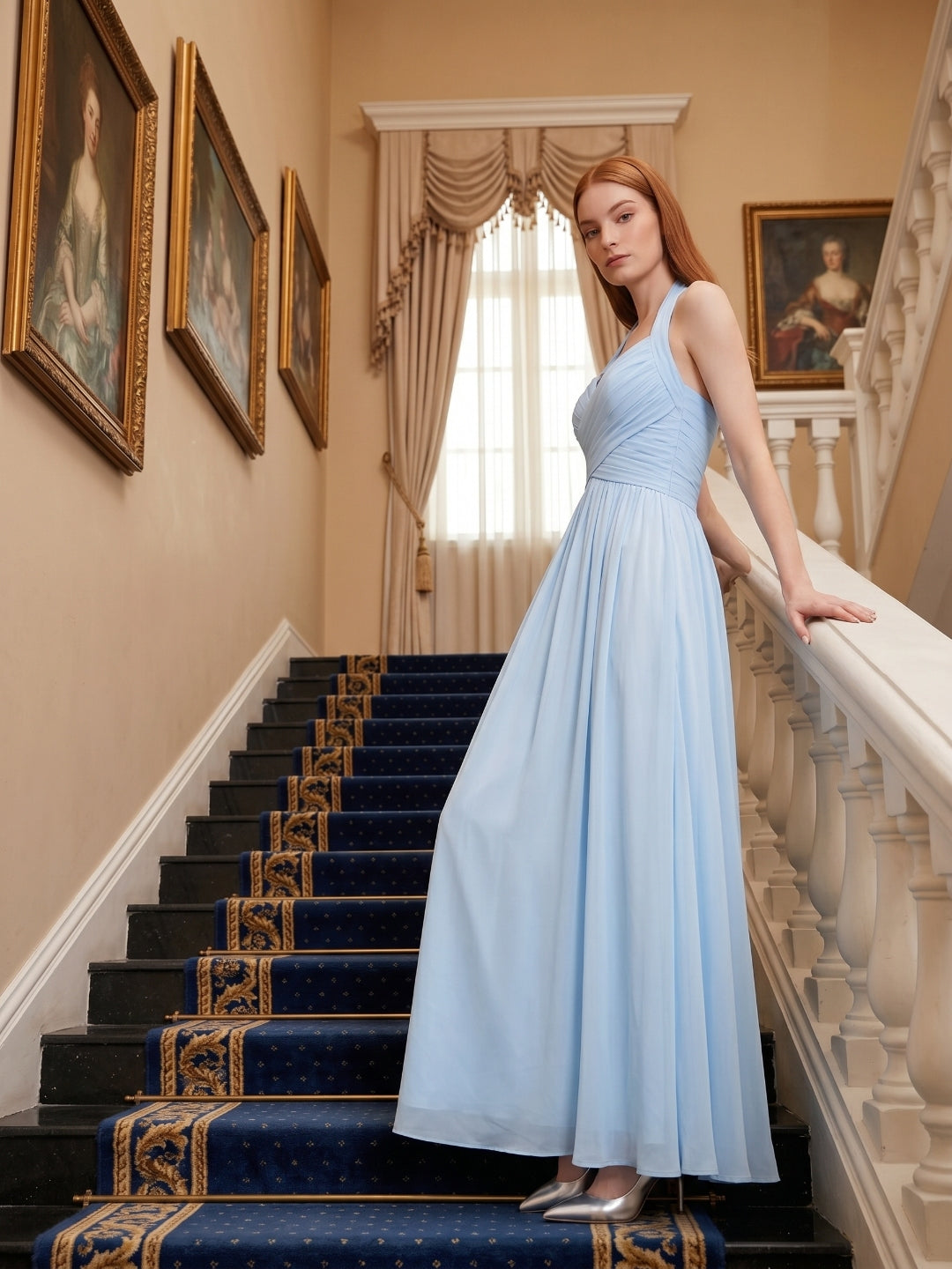 Sky Blue Chiffon A-Line Halter Back Zip Floor-Length Bridesmaid Dress with Pleats