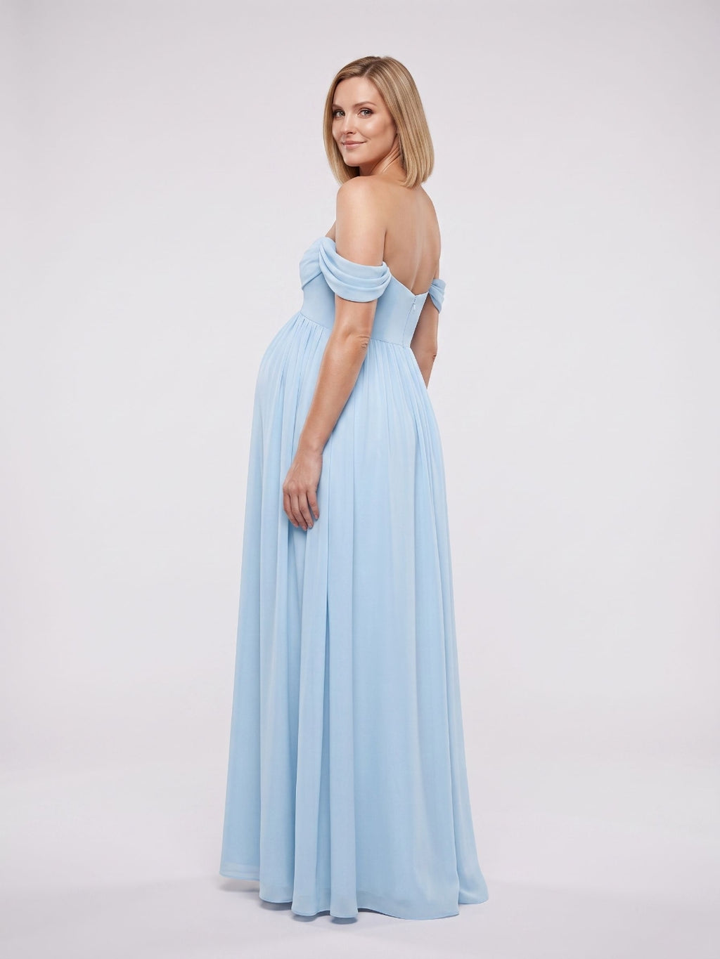 Sky Blue Chiffon A-Line Off-the-Shoulder Ankle-Length Maternity Bridesmaid Dress