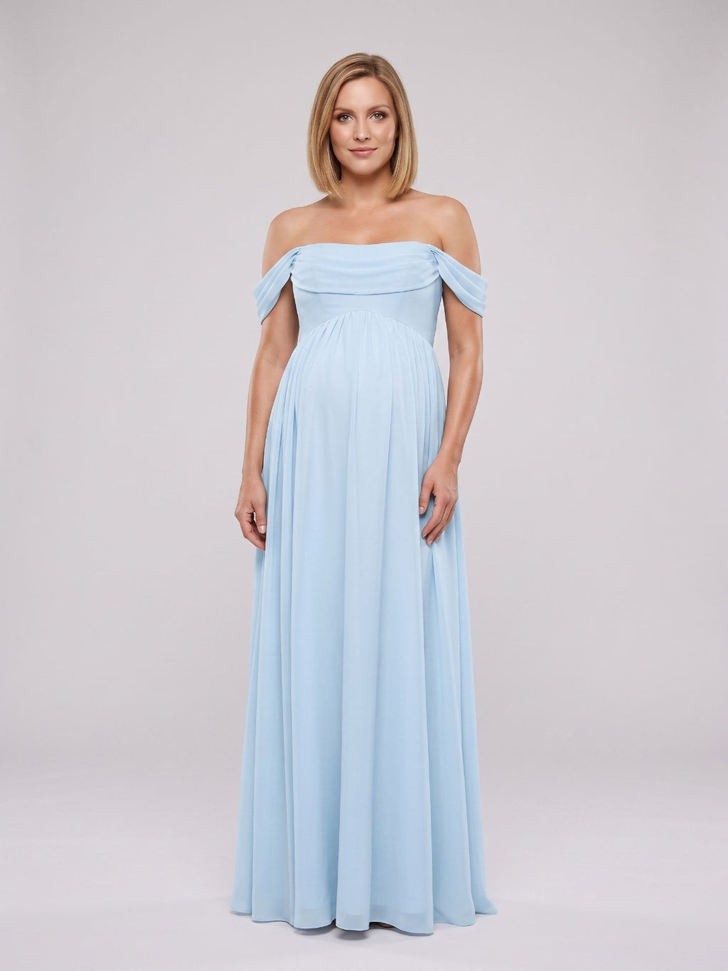 Sky Blue Chiffon A-Line Off-the-Shoulder Ankle-Length Maternity Bridesmaid Dress