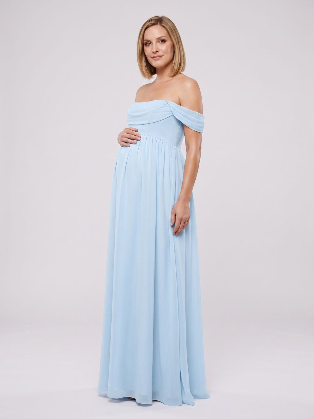 Sky Blue Chiffon A-Line Off-the-Shoulder Ankle-Length Maternity Bridesmaid Dress