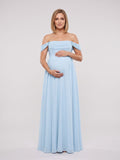 Sky Blue Chiffon A-Line Off-the-Shoulder Ankle-Length Maternity Bridesmaid Dress