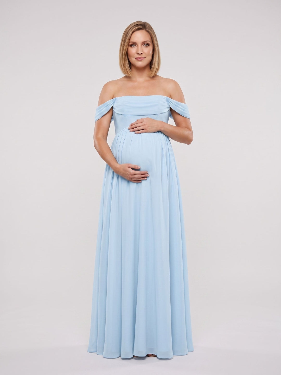 Sky Blue Chiffon A-Line Off-the-Shoulder Ankle-Length Maternity Bridesmaid Dress