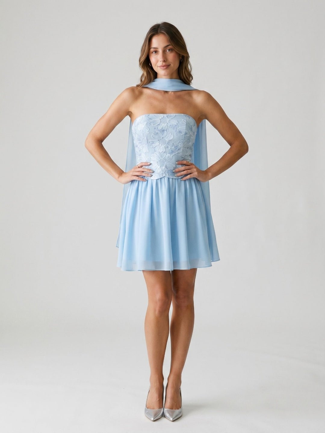 Sky Blue Chiffon A-Line Off-the-Shoulder Lace-Up Back Short Wedding Guest Dress with Sequins