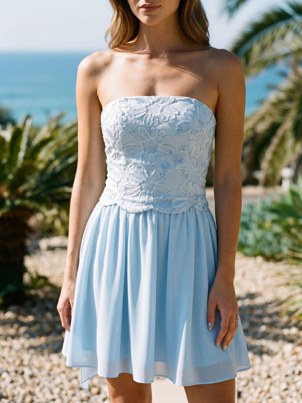 Sky Blue Chiffon A-Line Off-the-Shoulder Lace-Up Back Short Wedding Guest Dress with Sequins