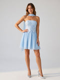 Sky Blue Chiffon A-Line Off-the-Shoulder Lace-Up Back Short Wedding Guest Dress with Sequins