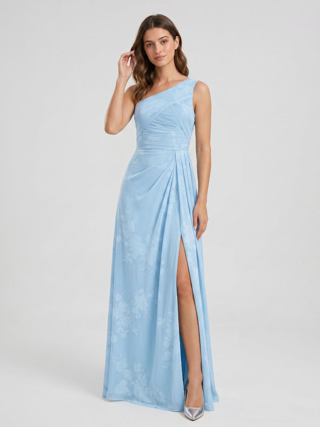 Sky Blue Chiffon A-Line One Shoulder Back Zip Floor-Length Bridesmaid Dress with Pleating