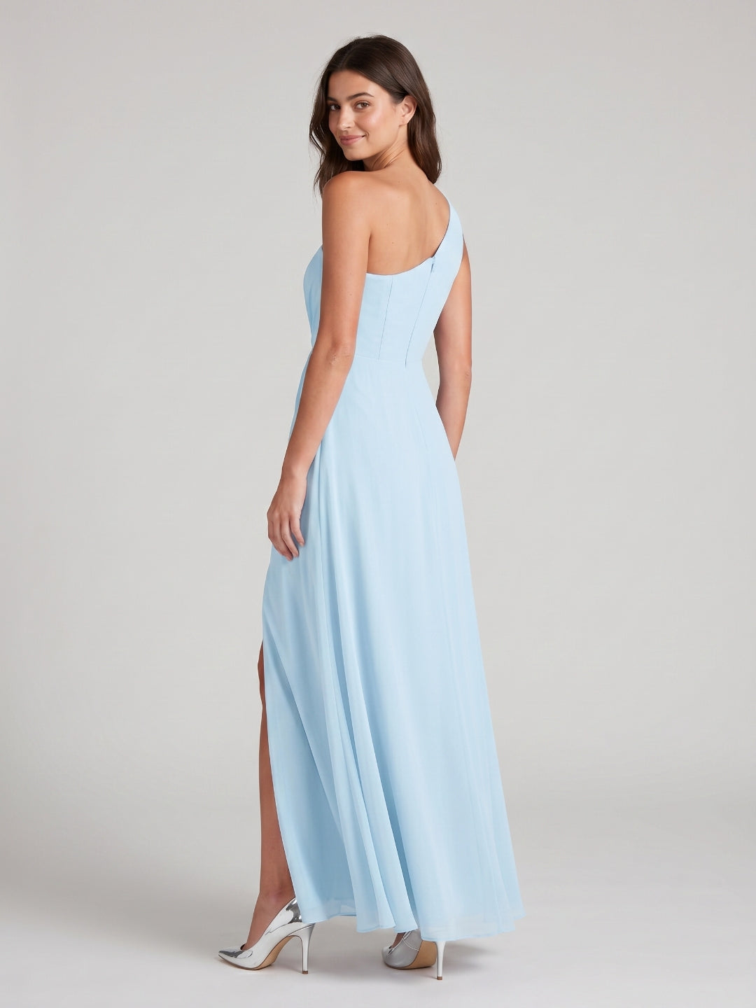 Sky Blue Chiffon A-Line One Shoulder Back Zip Floor-Length Bridesmaid Dress with Pleating