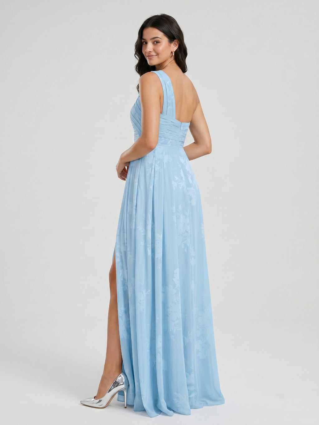 Sky Blue Chiffon A-Line One Shoulder Back Zip Floor-Length Bridesmaid Dress with Pleating