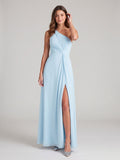Sky Blue Chiffon A-Line One Shoulder Back Zip Floor-Length Bridesmaid Dress with Pleating