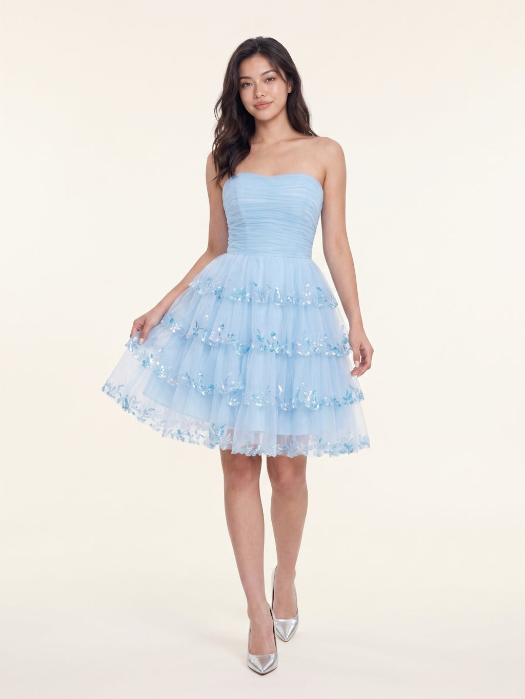 Sky Blue Chiffon A-Line Straight Neck Back Zip Short Homecoming Dress with Sequins