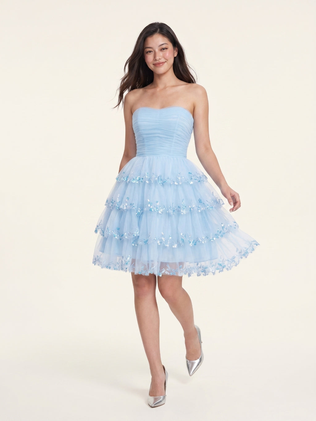 Sky Blue Chiffon A-Line Straight Neck Back Zip Short Homecoming Dress with Sequins