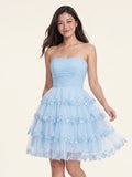 Sky Blue Chiffon A-Line Straight Neck Back Zip Short Homecoming Dress with Sequins