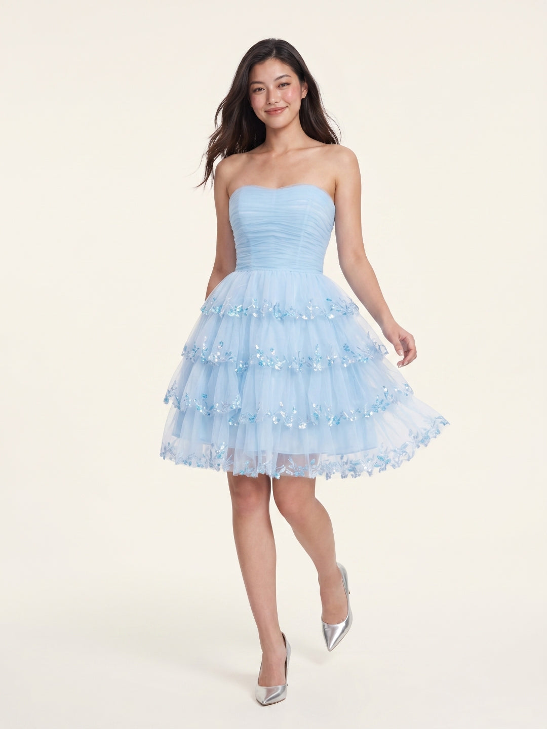Sky Blue Chiffon A-Line Straight Neck Back Zip Short Homecoming Dress with Sequins
