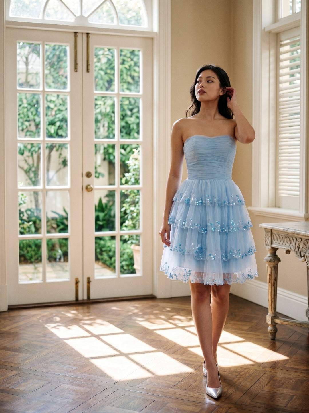 Sky Blue Chiffon A-Line Straight Neck Back Zip Short Homecoming Dress with Sequins