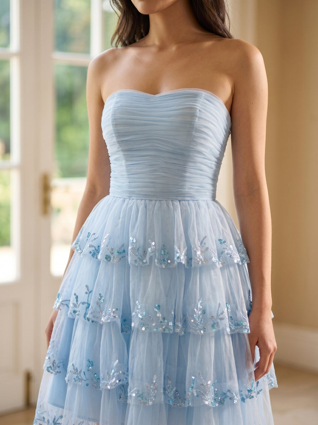 Sky Blue Chiffon A-Line Straight Neck Back Zip Short Homecoming Dress with Sequins