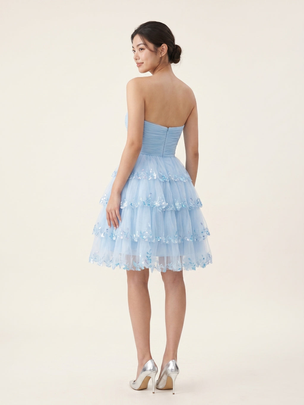 Sky Blue Chiffon A-Line Straight Neck Back Zip Short Homecoming Dress with Sequins