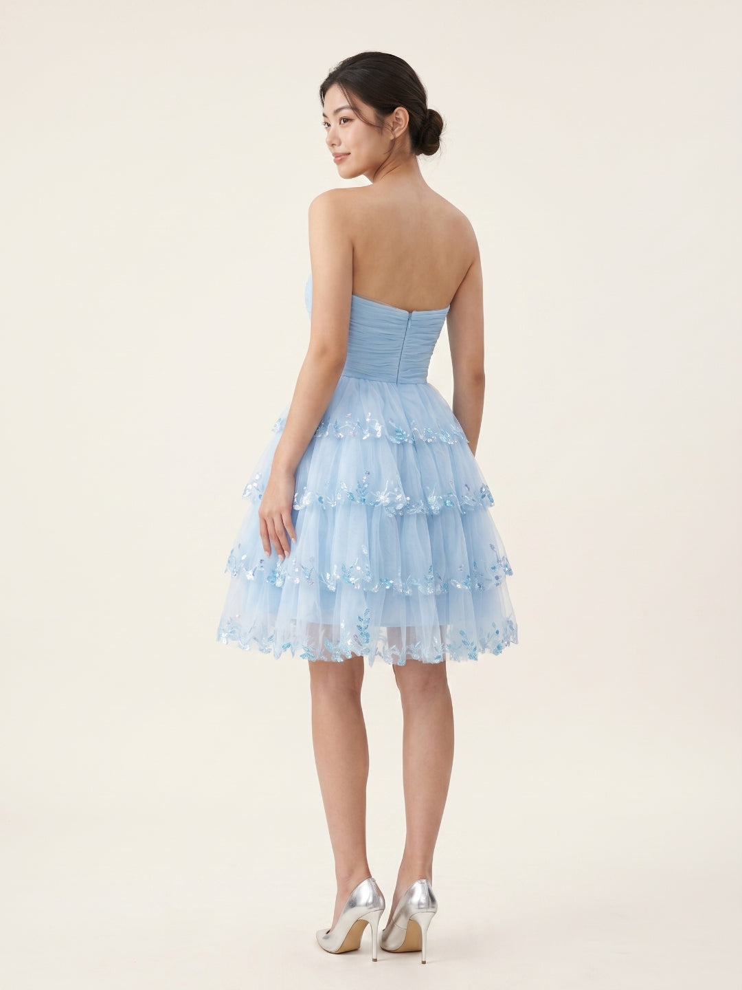 Sky Blue Chiffon A-Line Straight Neck Back Zip Short Homecoming Dress with Sequins