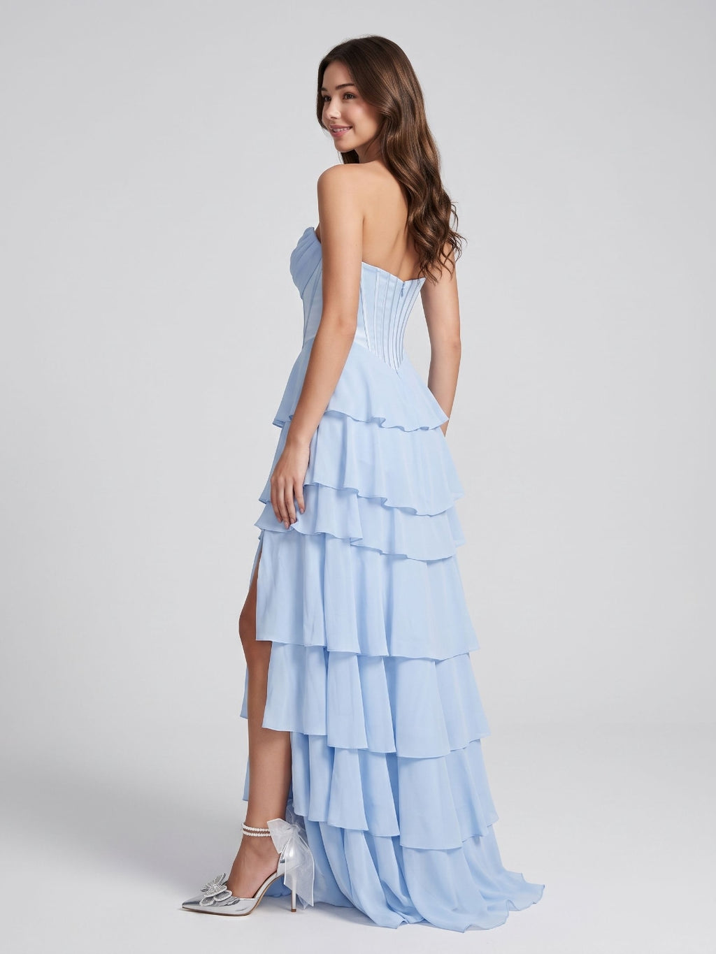 Sky Blue Chiffon A-Line Sweetheart Back Zip Floor-Length Dress
