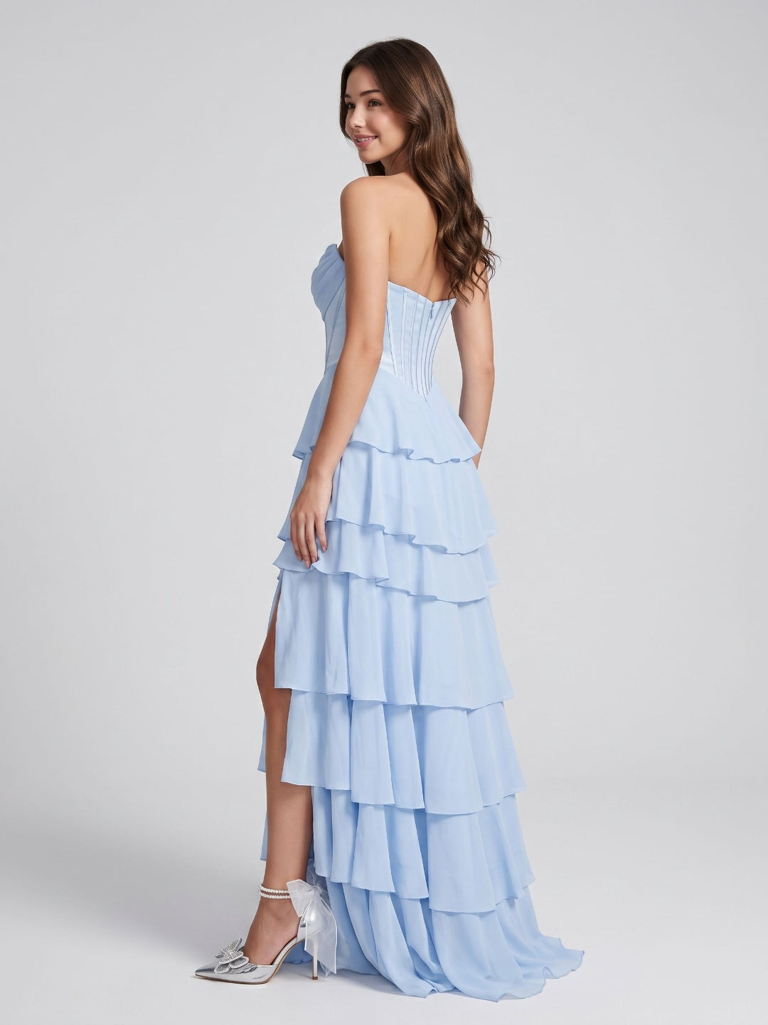 Sky Blue Chiffon A-Line Sweetheart Back Zip Floor-Length Dress