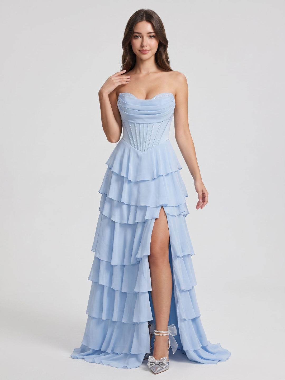 Sky Blue Chiffon A-Line Sweetheart Back Zip Floor-Length Dress