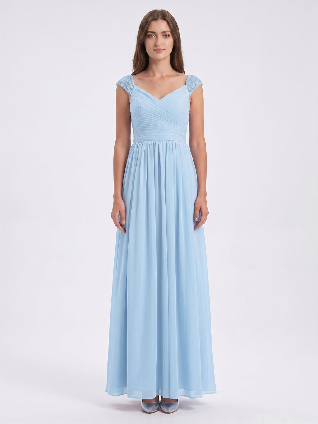 Sky Blue Chiffon A-Line V-Neck Back Zip Floor-Length Bridesmaid Dress with Bow