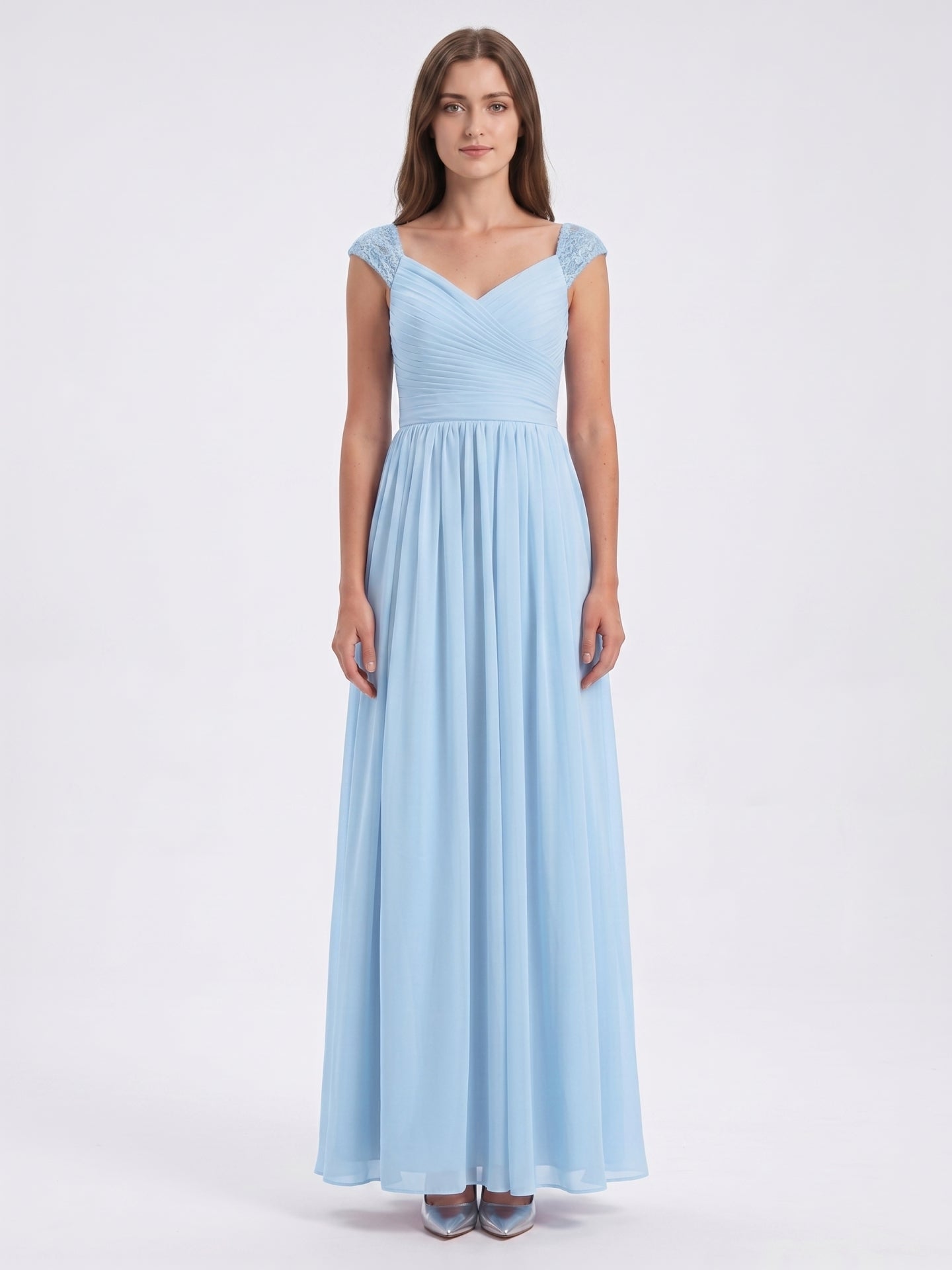 Sky Blue Chiffon A-Line V-Neck Back Zip Floor-Length Bridesmaid Dress with Bow