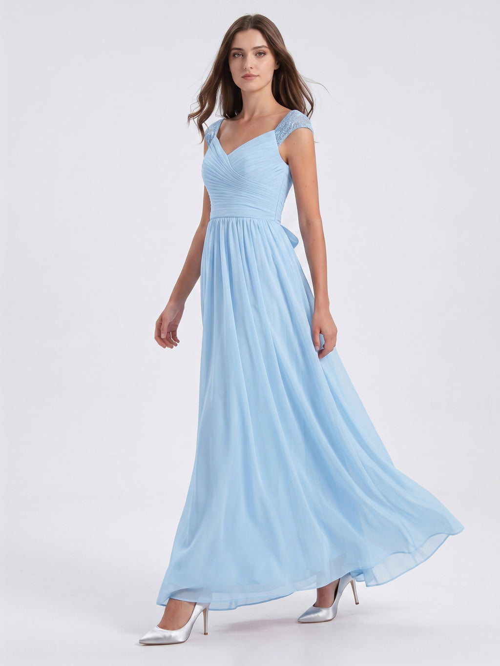 Sky Blue Chiffon A-Line V-Neck Back Zip Floor-Length Bridesmaid Dress with Bow