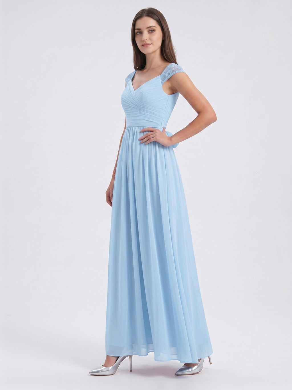 Sky Blue Chiffon A-Line V-Neck Back Zip Floor-Length Bridesmaid Dress with Bow