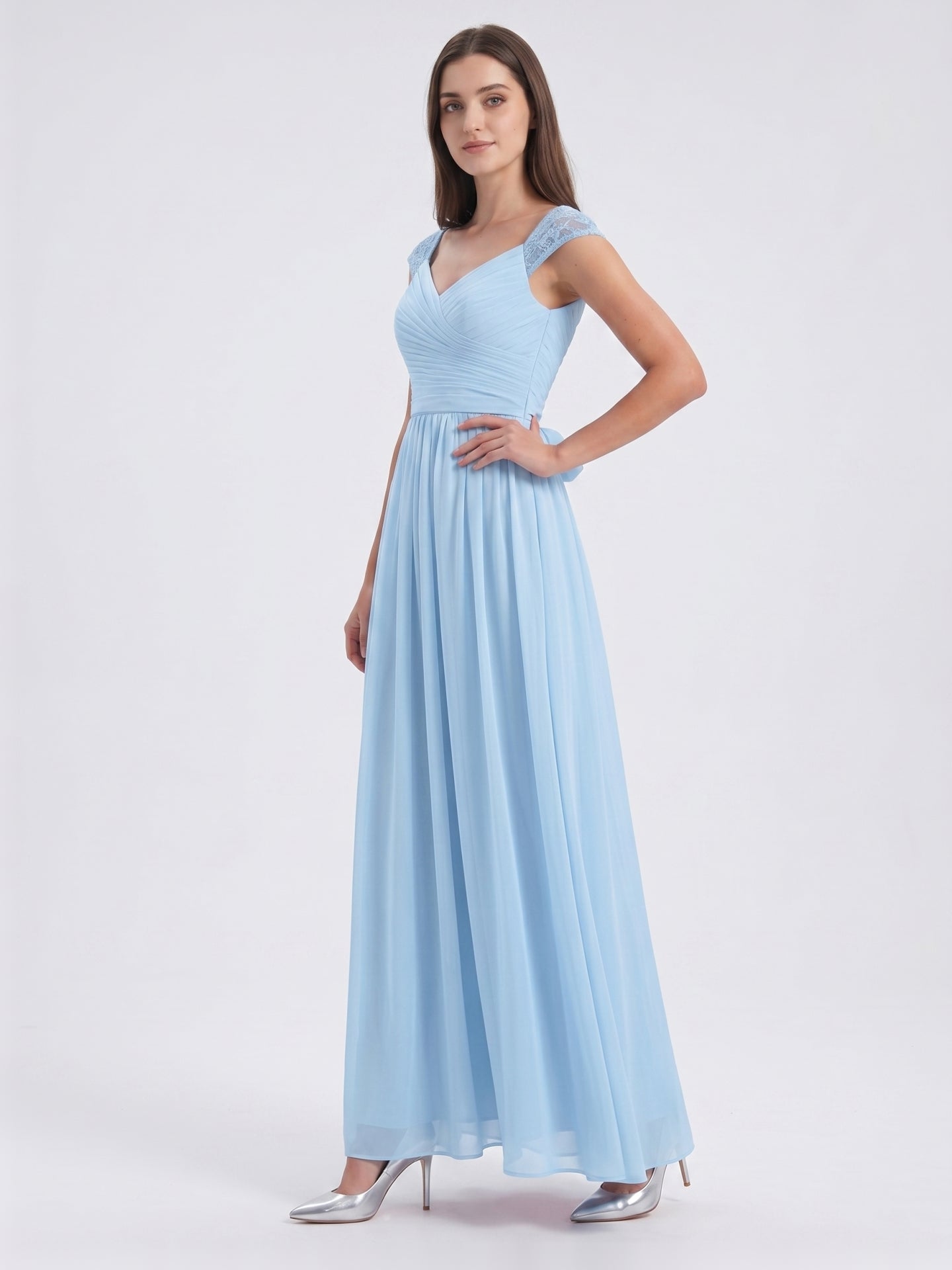 Sky Blue Chiffon A-Line V-Neck Back Zip Floor-Length Bridesmaid Dress with Bow