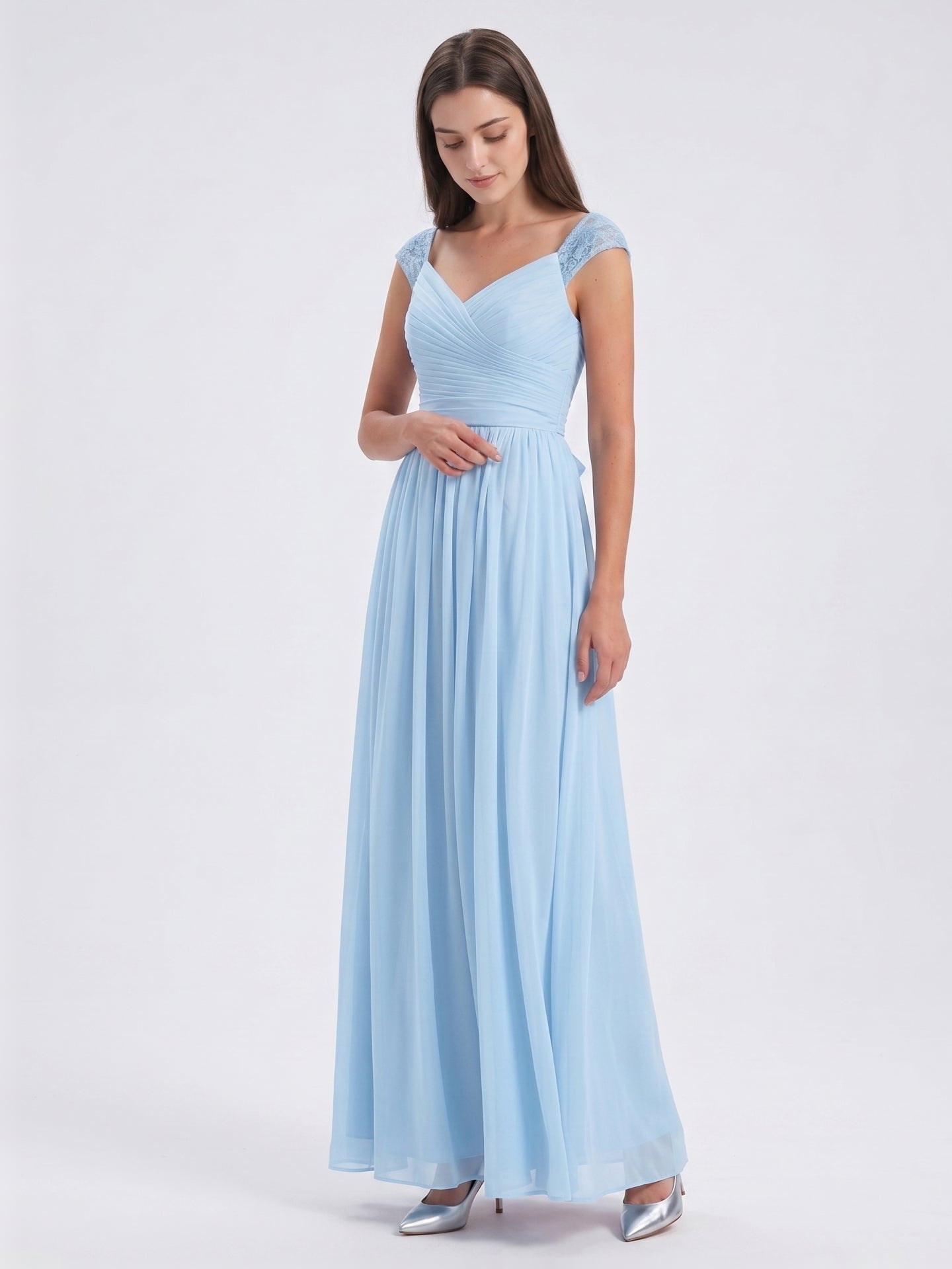 Sky Blue Chiffon A-Line V-Neck Back Zip Floor-Length Bridesmaid Dress with Bow