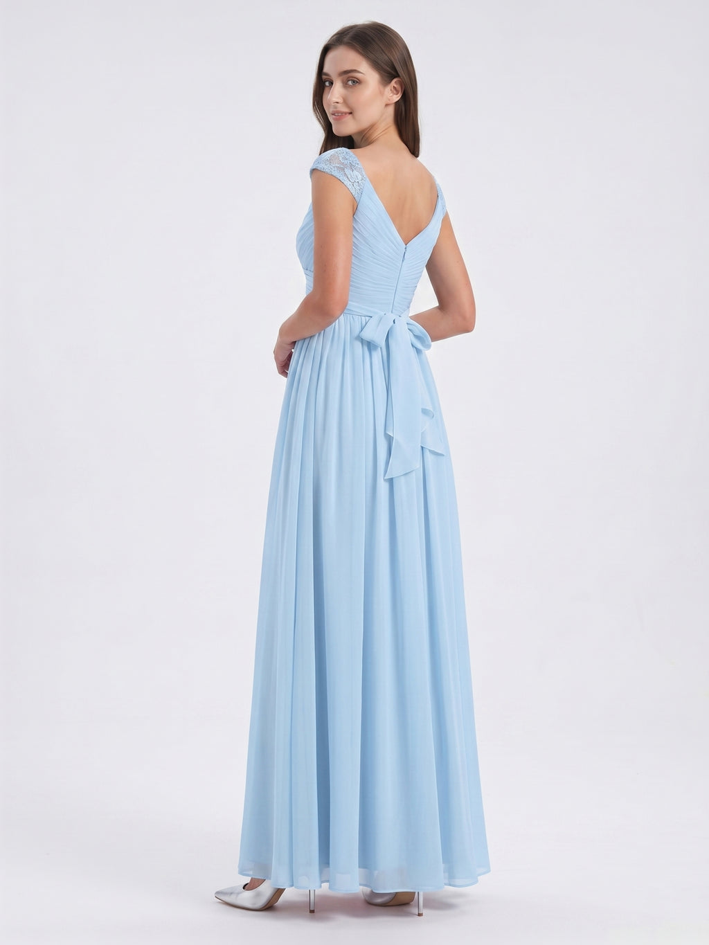Sky Blue Chiffon A-Line V-Neck Back Zip Floor-Length Bridesmaid Dress with Bow