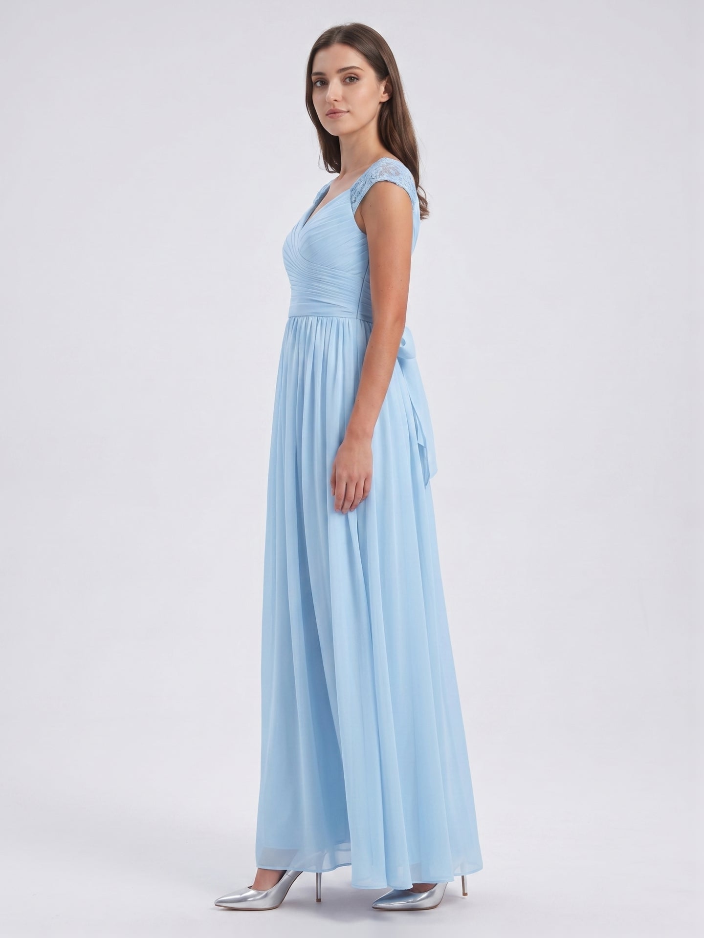 Sky Blue Chiffon A-Line V-Neck Back Zip Floor-Length Bridesmaid Dress with Bow
