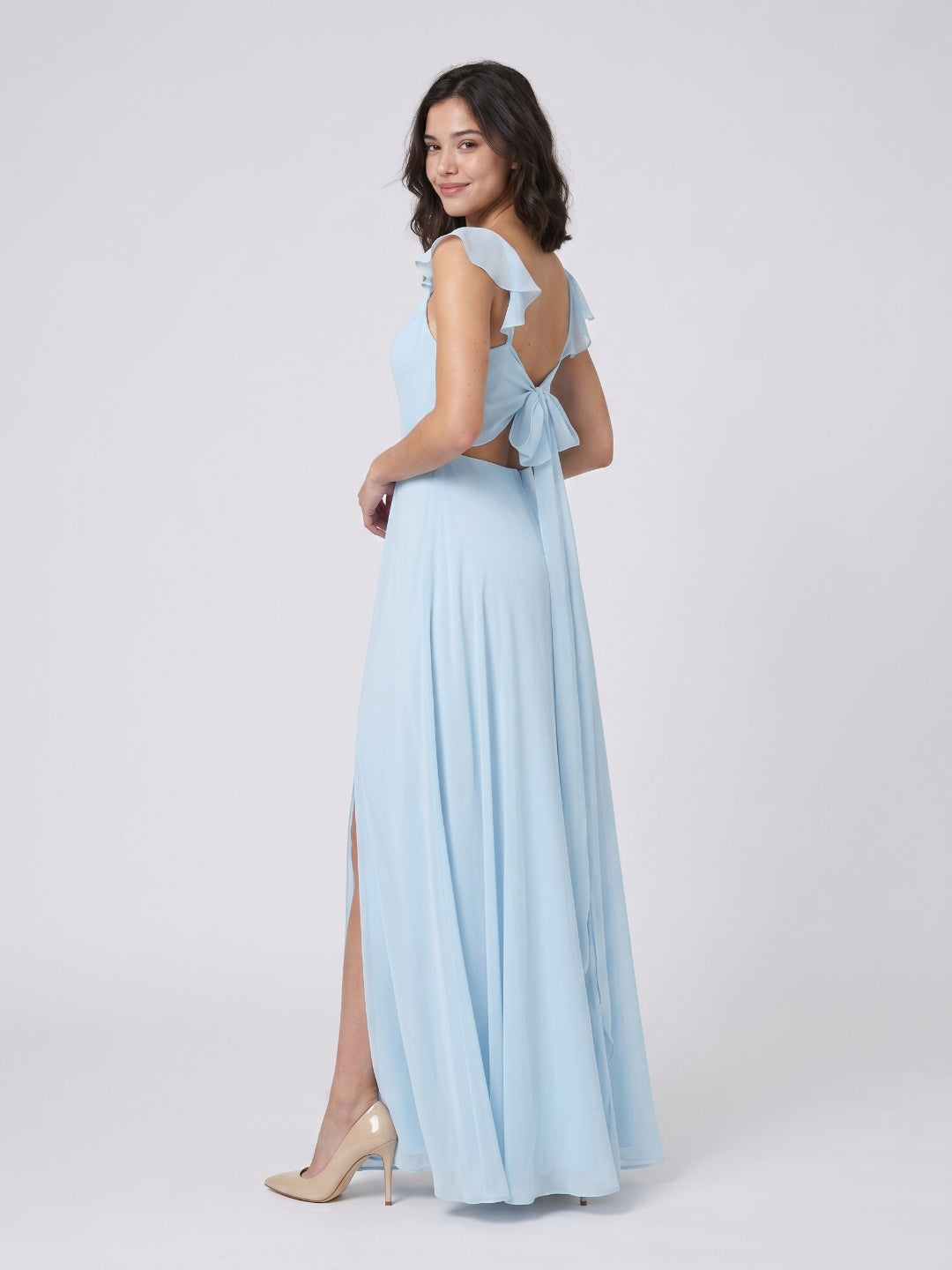 Sky Blue Chiffon A-Line V-Neck Bow Back Floor-Length Bridesmaid Dress with Pleating