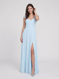 Sky Blue Chiffon A-Line V-Neck Bow Back Floor-Length Bridesmaid Dress with Pleating