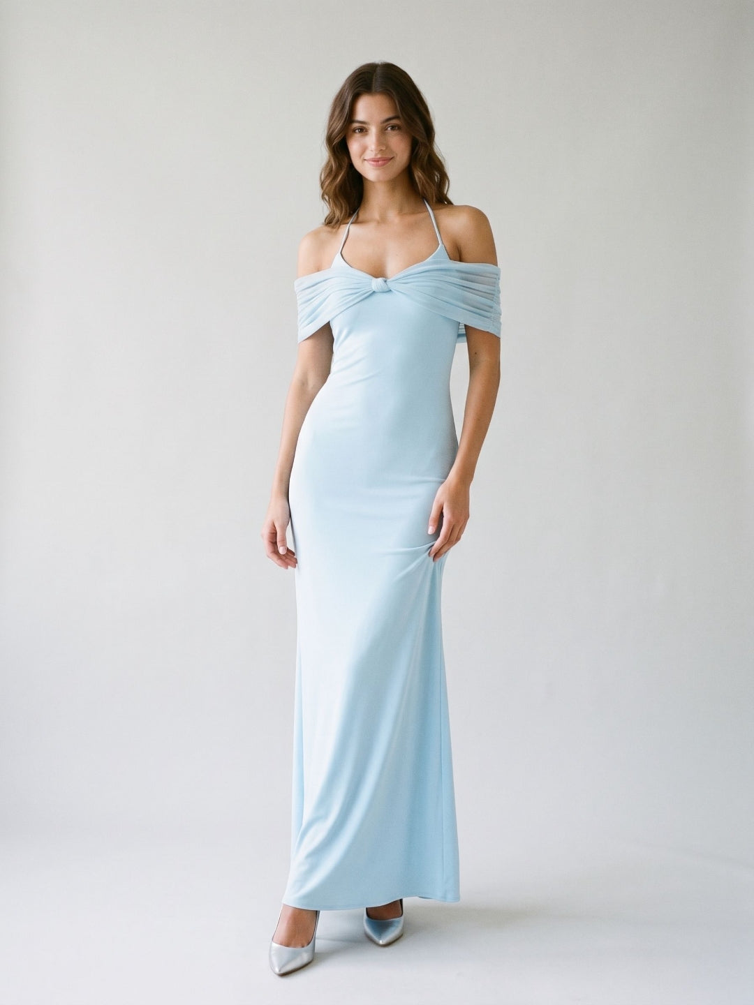 Sky Blue Chiffon Sheath Halter Neckline Illusion Back Floor-Length Formal Dress