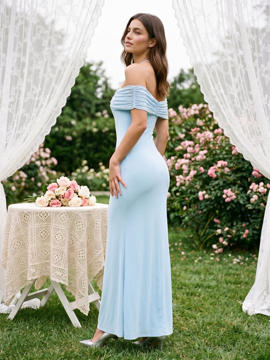 Sky Blue Chiffon Sheath Halter Neckline Illusion Back Floor-Length Formal Dress