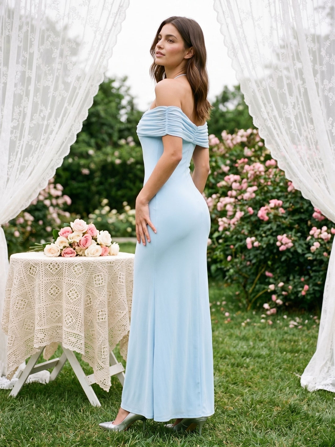 Sky Blue Chiffon Sheath Halter Neckline Illusion Back Floor-Length Formal Dress