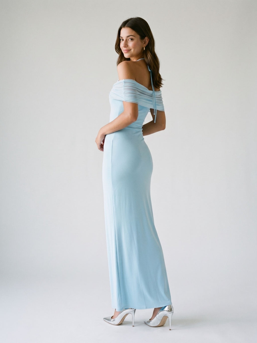 Sky Blue Chiffon Sheath Halter Neckline Illusion Back Floor-Length Formal Dress