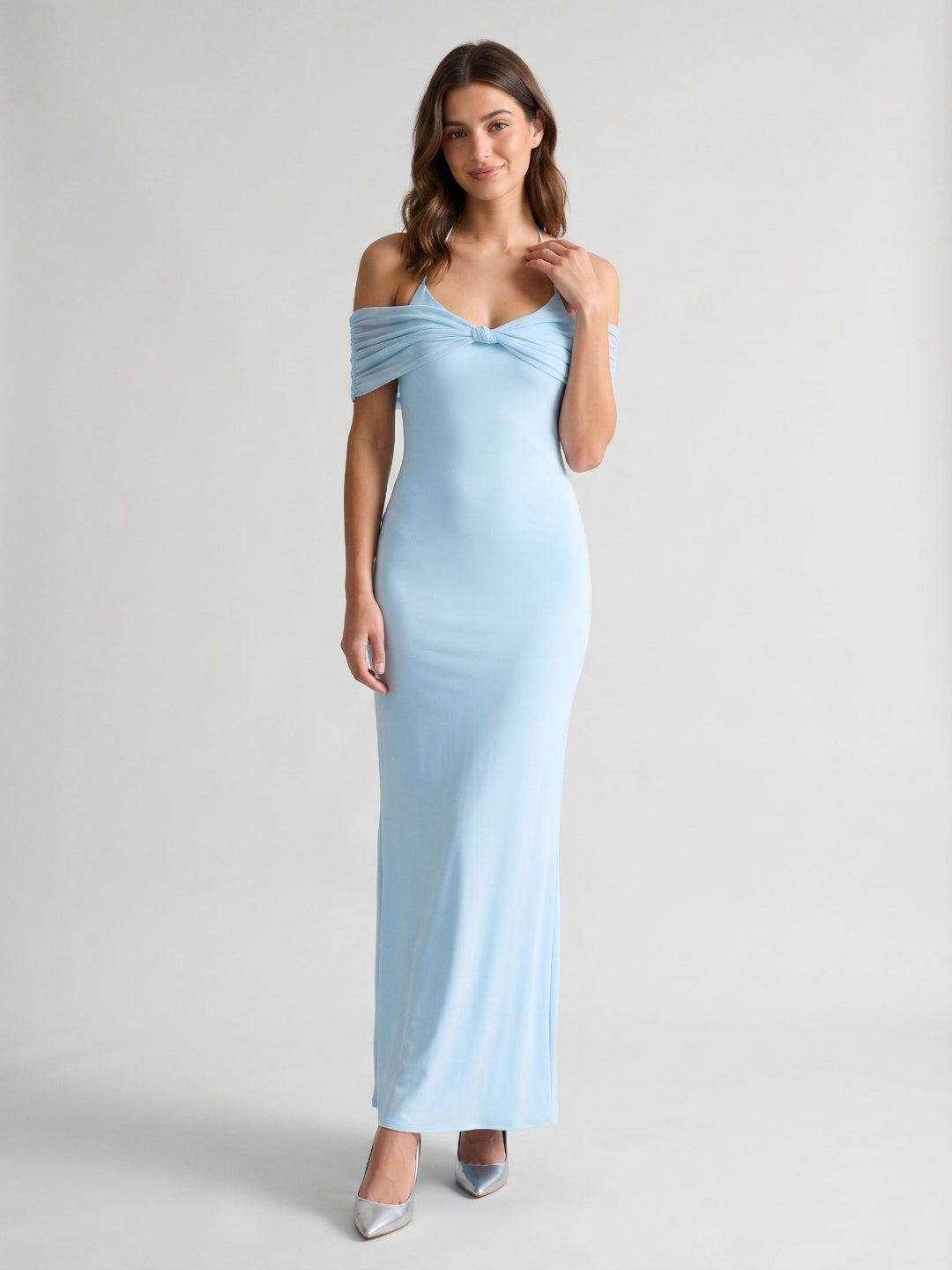 Sky Blue Chiffon Sheath Halter Neckline Illusion Back Floor-Length Formal Dress