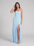 Sky Blue Chiffon Sheath Straight Neck Backless Floor-Length Bridesmaid Dress with Pleating